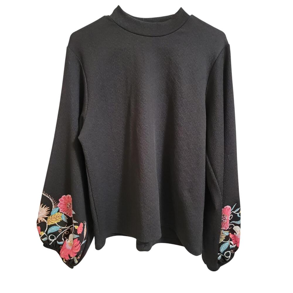 Zara Trafaluc Black Mock Neck Embroidered Sleeves Pullover Sweater - Picture 1 of 8